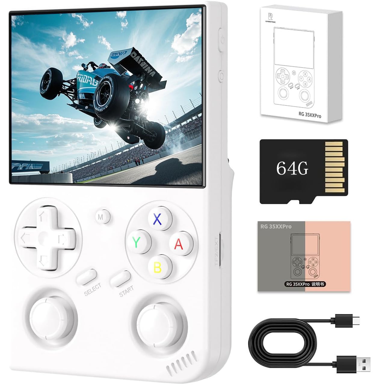 RG35XX Pro - Console da gioco portatile con schermo IPS da 3,5", costruita in scheda da 64 g&4435 giochi, sistema Linux di supporto WiFi Bluetooth (bianco, 64 G)