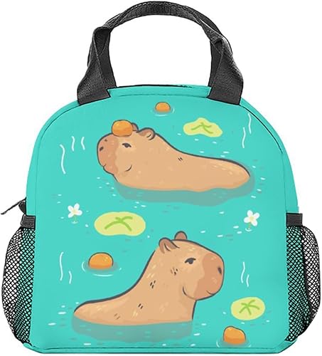 Capybara Lonchera para niñas y niños, bolsas de almuerzo reutilizables aisladas con correa para el hombro, lonchera pequeña verde linda para niños,
