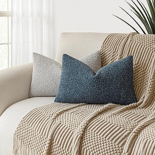 Image of Foindtower Pack of 2 Modern Textured Boucle Throw Pillow Covers Accent Solid Decorative Lumbar Pillow Cases Cozy Couch Cushion Case for Chair Sofa Bedroom Living Room Home Decor, 12 x 20 Inch,Blue