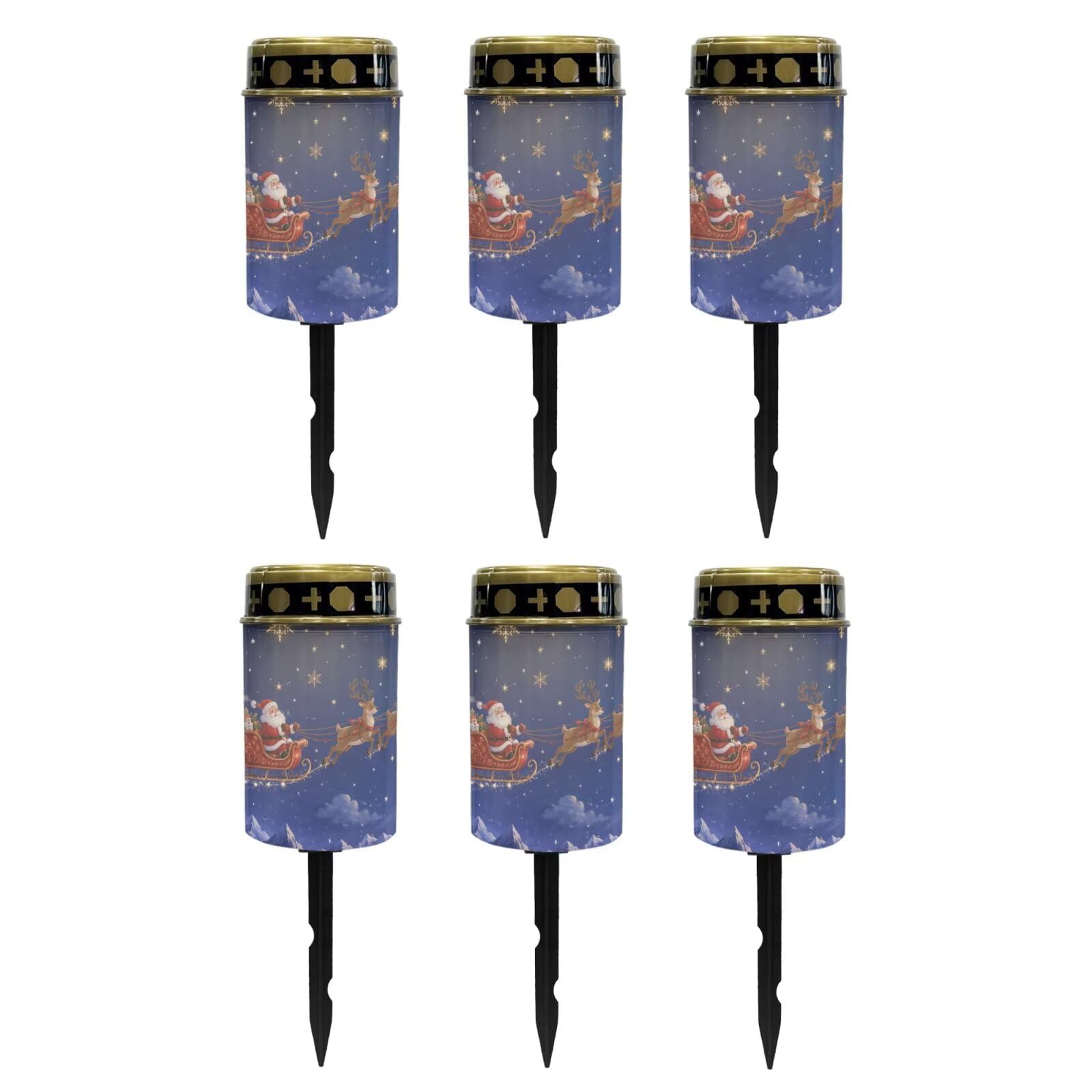 Poceacles Christmas Lights Solar Grave Candle Solar Cemetery Candles LED Automatic Outdoor Flameless Cemetery Lights for Christmas, Santa Claus Reindeer Sky Print, 6 Piece Set