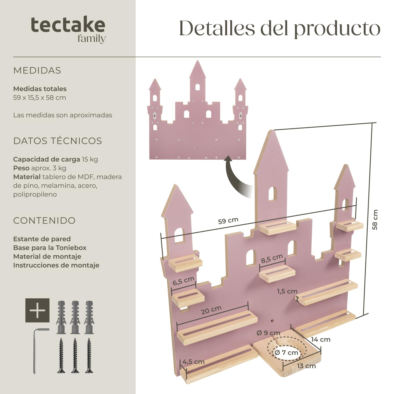 tectake® Estantería Madera para hasta 50 Tonies, Toniebox, Estantería Madera para Figuras Audio Toni, Organizador de Habitación Infantil, 12 Baldas y Guía de Cables, Diseño Resistente y Seguro