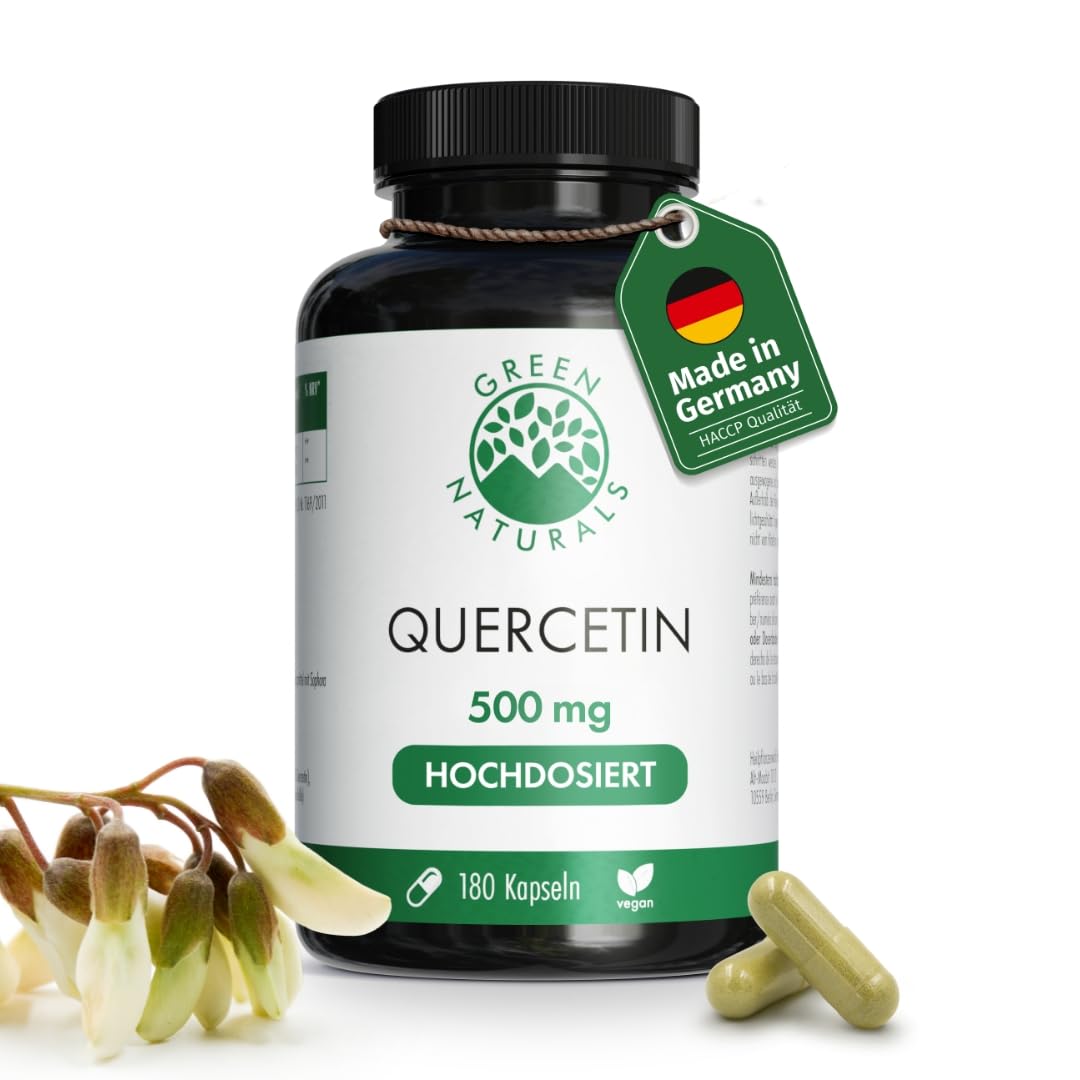 Green Naturals® Quercetin Kapseln – Hochdosiert: 500 mg mit natürlichem Japanischen Schnurrbaum (Sophora Japonica) – 100% Vegan &amp; ohne Zusätze – 180 Kapseln (6 Monate)
