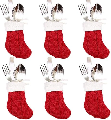 Juego de 6 soportes para cubiertos de Navidad, calcetines de Navidad de punto rojo, fundas para cuchillos y tenedores para decoración de fiesta de