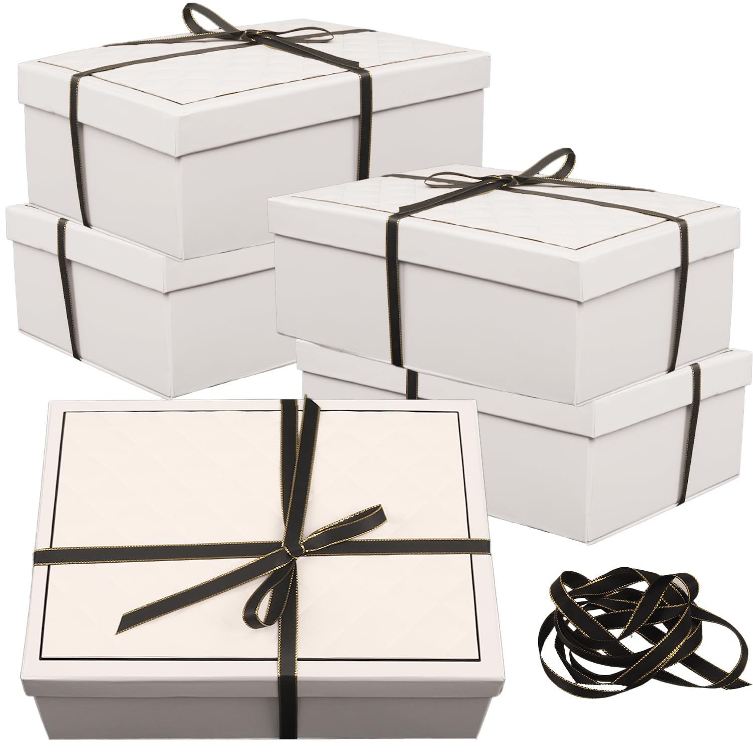 Nsmykhg Luxury Large Gift Boxes 5-Pack, 9.8x7x3.3 With Plaid Lids & Ribbon, Decorative Christmas, Wedding & Birthday Gift Boxes (White)