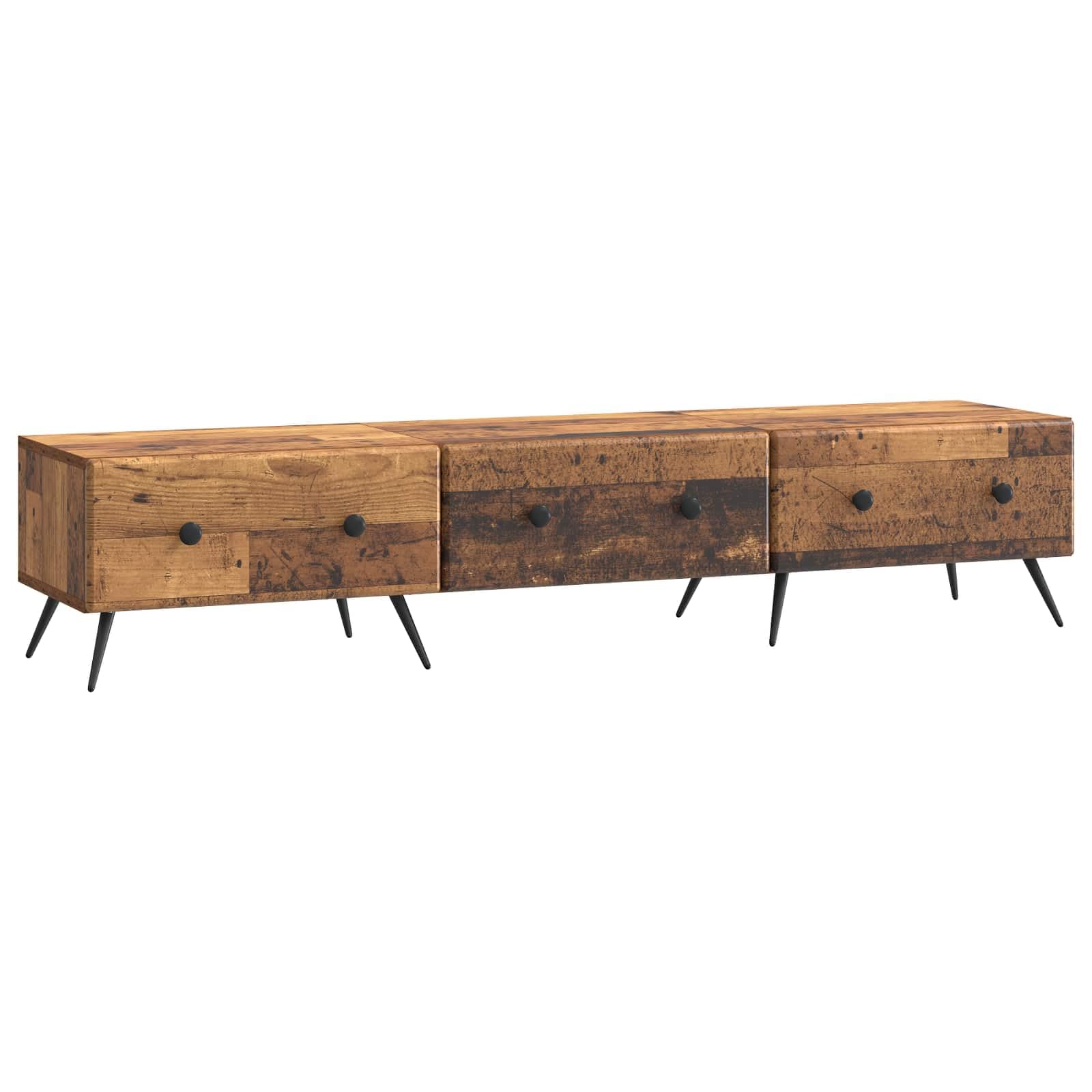 Mobile TV in legno anticato, 147 x 34,5 x 30 cm, moderno supporto TV con ripiani e cassetti, molto spazio per lettori multimediali e DVD, design compatto per piccoli appartamenti