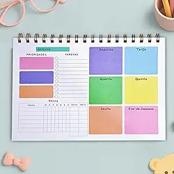Planner Semanal Espiral Não Datado Colorido 50 Folhas Capa Transparente Tarefas Rotinas Prioridades Organização