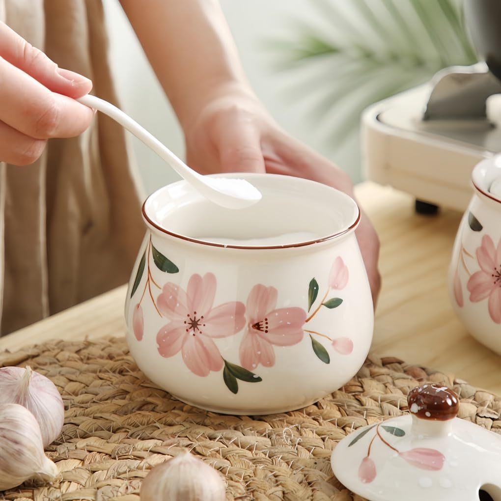 Ceramiczna cukiernica z pokrywką i łyżeczką, odporna na wysokie temperatury, puszka na przyprawy do cukru, soli, miodu, oleju, herbaty, kwiatów wiśni, japońska (4 sztuki)