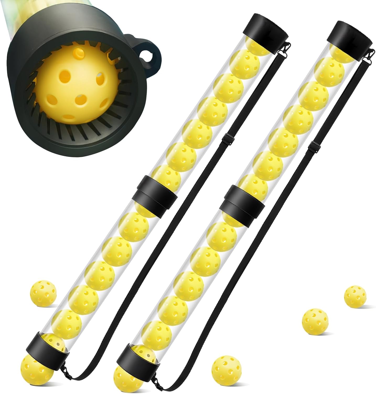 Tennis Ball & Pickleball Picker Holds 14 Balls, Ball Pickup Tube with Shoulder Strap, Lightweight Easy Pickup Portable Ball Holder, Pickleball & Tennis Ball Hopper