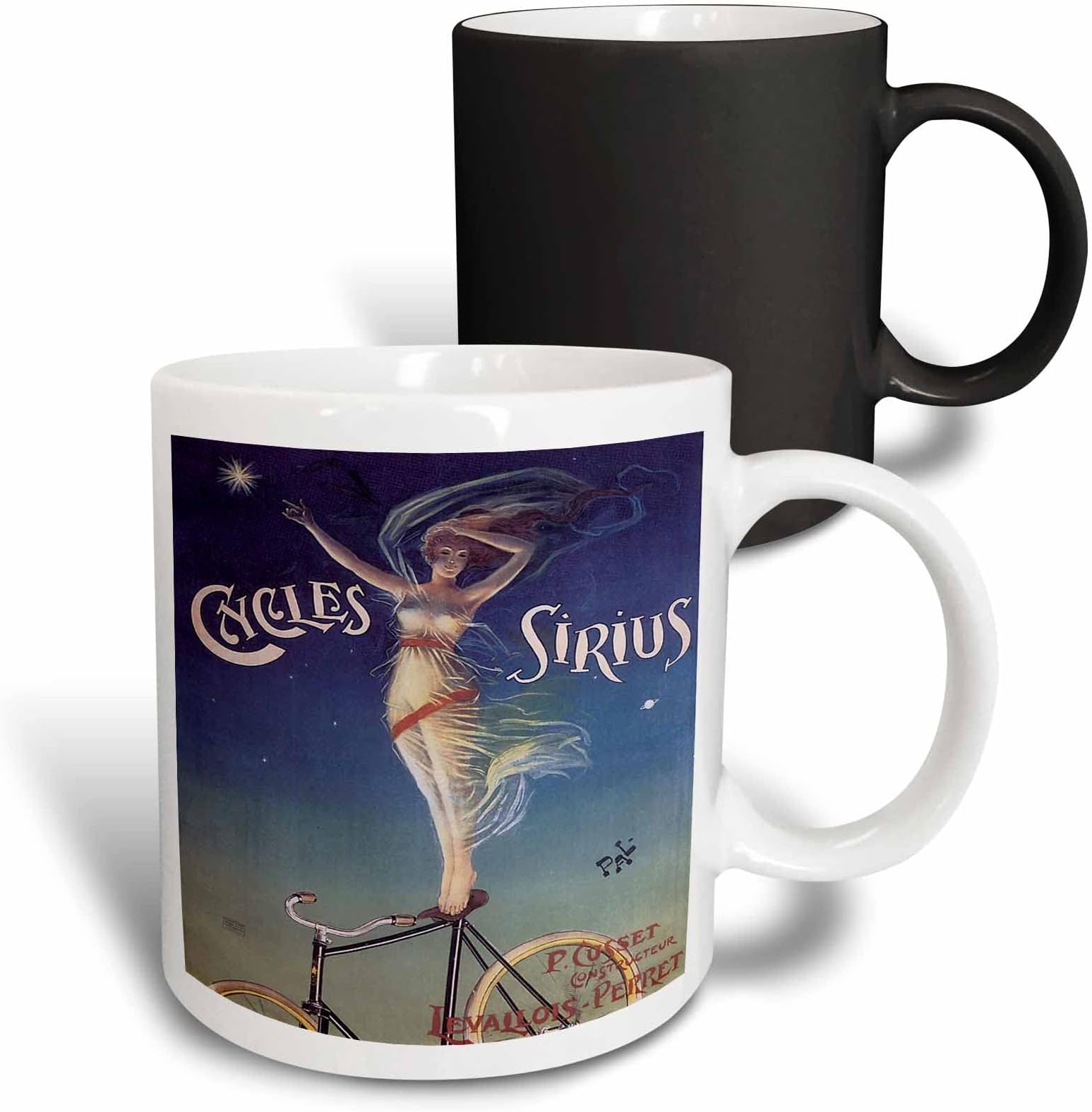 3dRose Cycles Sirius Woman Standing on a Bicycle Seat Advertising Poster 11oz Magic Transforming Mug