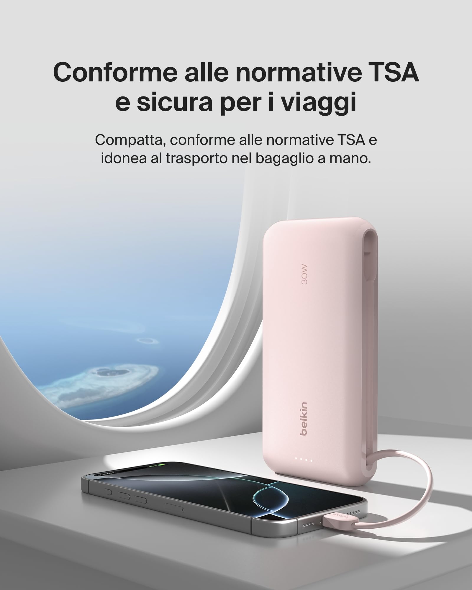 Belkin BoostCharge Power Bank 20000mAh con Cavo USB-C Integrato - Rosa | Caricatore Portatile 20000mAh, Ricarica 3 Dispositivi (1 USB-C, Cavo USB-C, USB-A), 30W, Sicuro per l'Aereo, Pre-Caricato