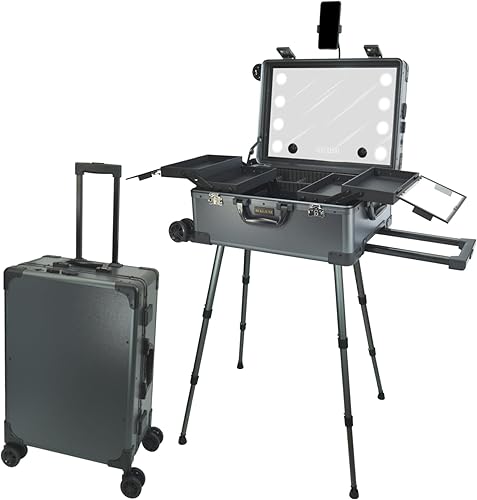 Miniatura 10 de RUKEJUNE Estuche de maquillaje rodante de 24 pulgadas con espejo y luces, caja de viaje grande para cosméticos, estaciones de peluquería móviles con