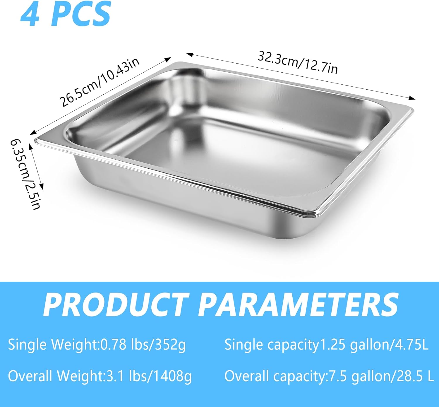 4-Pack 1/2 Half Size Steam Table Pans, 2.5 Inch Deep Restaurant Steam Table Pans Commercial, Hotel Pan Made of 201 Gauge Stainless Steel - Image 2