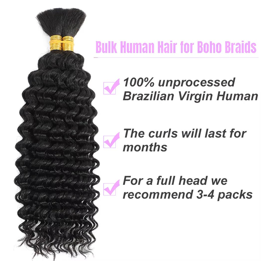 Cabello humano trenzado para trenzas bohemias de 20 pulgadas, 3.88 oz de onda profunda, cabello humano a granel para trenzar 12A, 100% sin procesar, extensiones de cabello bohemio a granel, color 3