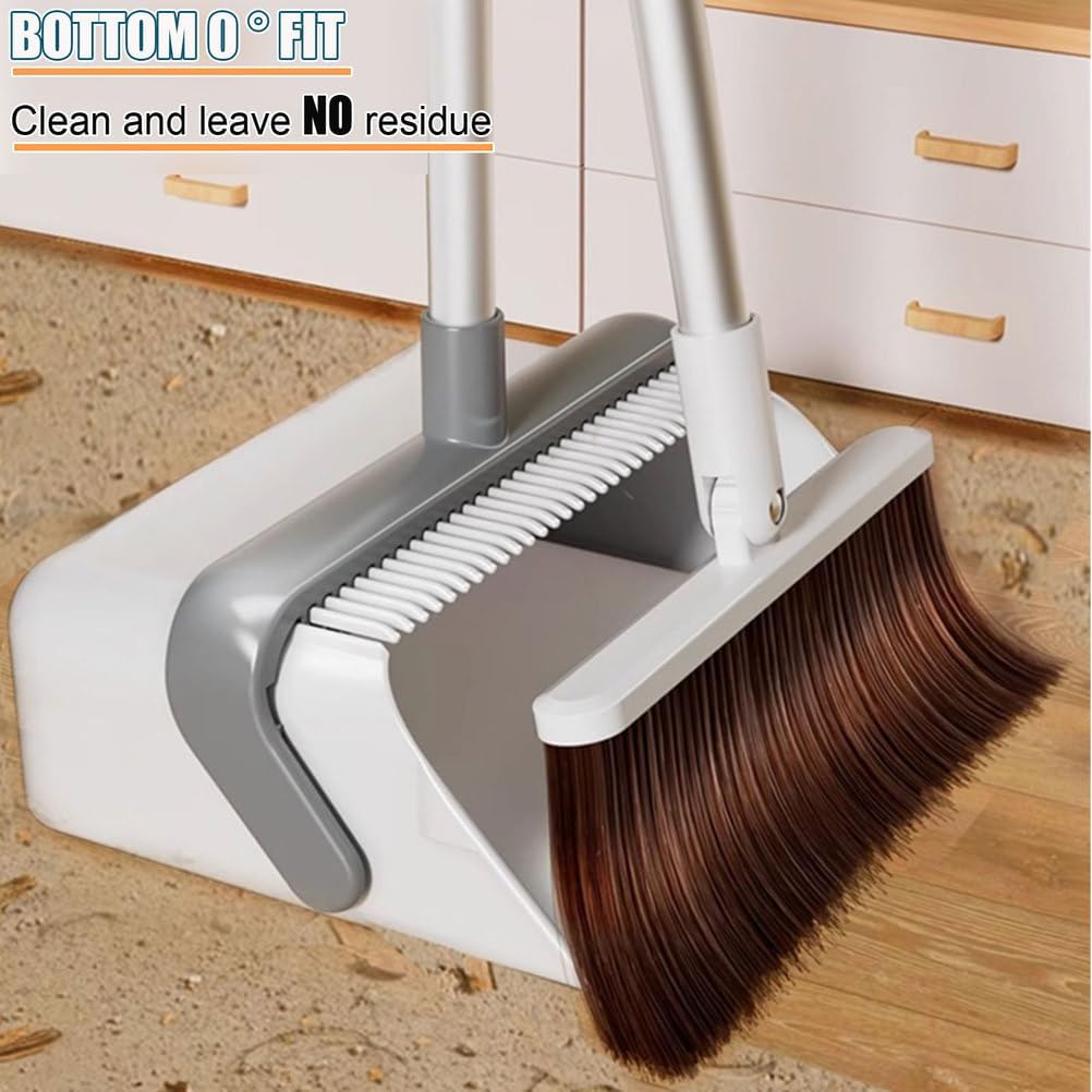 Broom and Dustpan Set - 180° Rotatable Broom Head & Self-Cleaning Teeth - Upright Stand Cleaning Tools with Lightweight Aluminum Alloy Long Handle for Kitchen Office Indoor Lobby