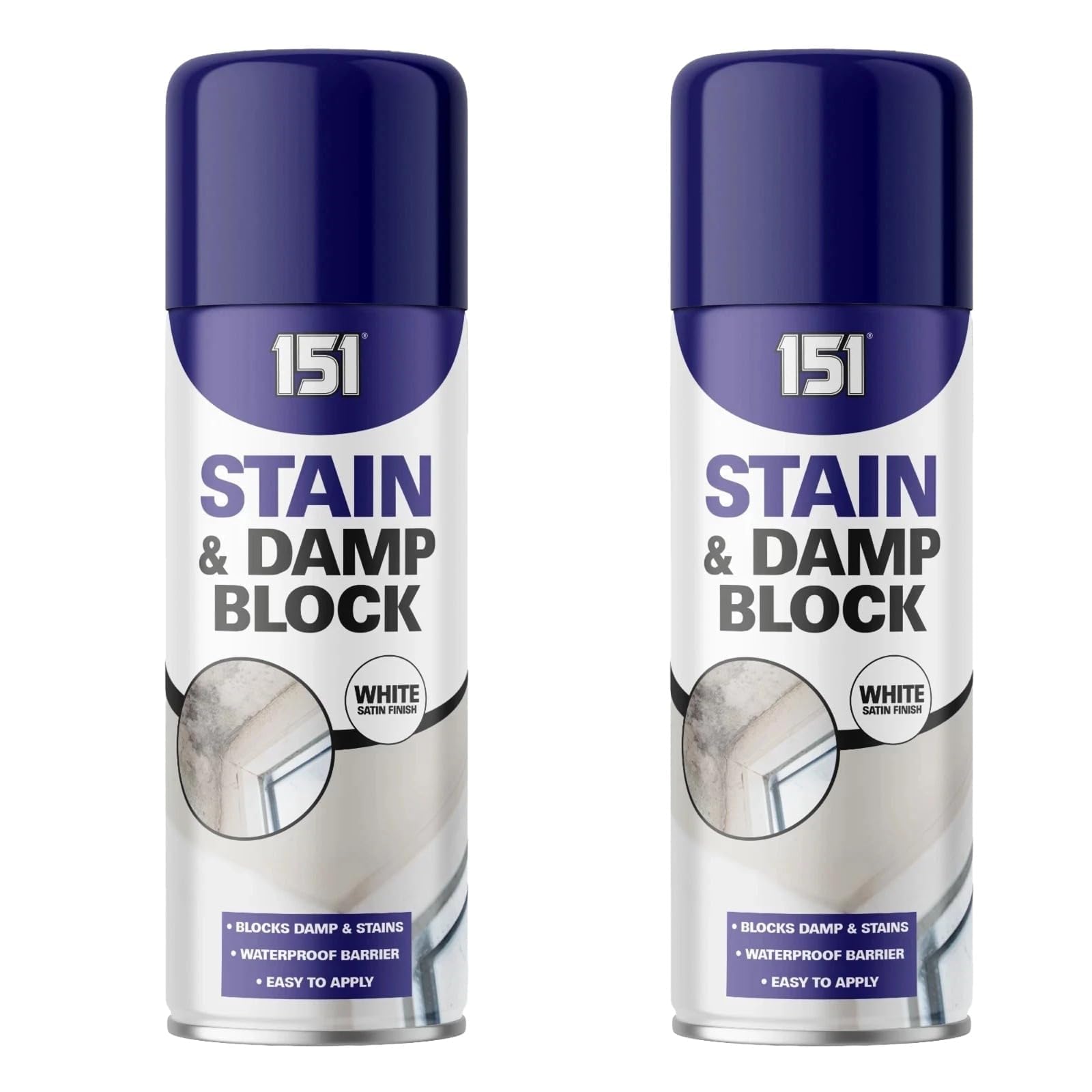 RIZZIIZ Stain & Damp Block aerosol Spray, white satin finish, waterproof barrier, dual action, primer and a sealer, designed for interior use to block stubborn stains and damp patches, 400ml (2PCS)