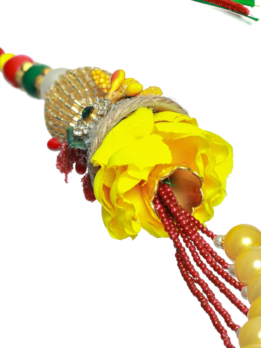 Priyaasi Rakshabandhan Yellow Flower Beaded Lamba and Rakhi Set with Roli Chawal, Greeting Card for Bhaiya-Bhabhi, Bhai, Brother, Men - Traditional Stylish Rakhi (Set of 2) - Image 4 thumbnail