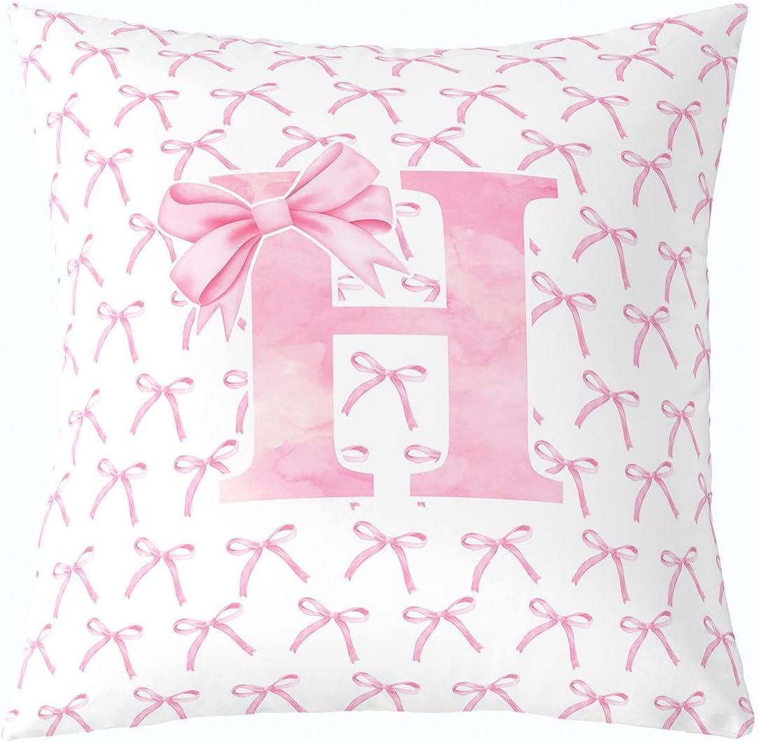 Cartoon Bowknot Kids Throw Pillow Cover,Pink Bow Tie Letter H Knot Princess Double Sides Pillow Case Girls Women,Watercolor Bow Patchwork Pink White Bed Couch Sofa Cushion Cover,Single Pack 16"x16" — image 1