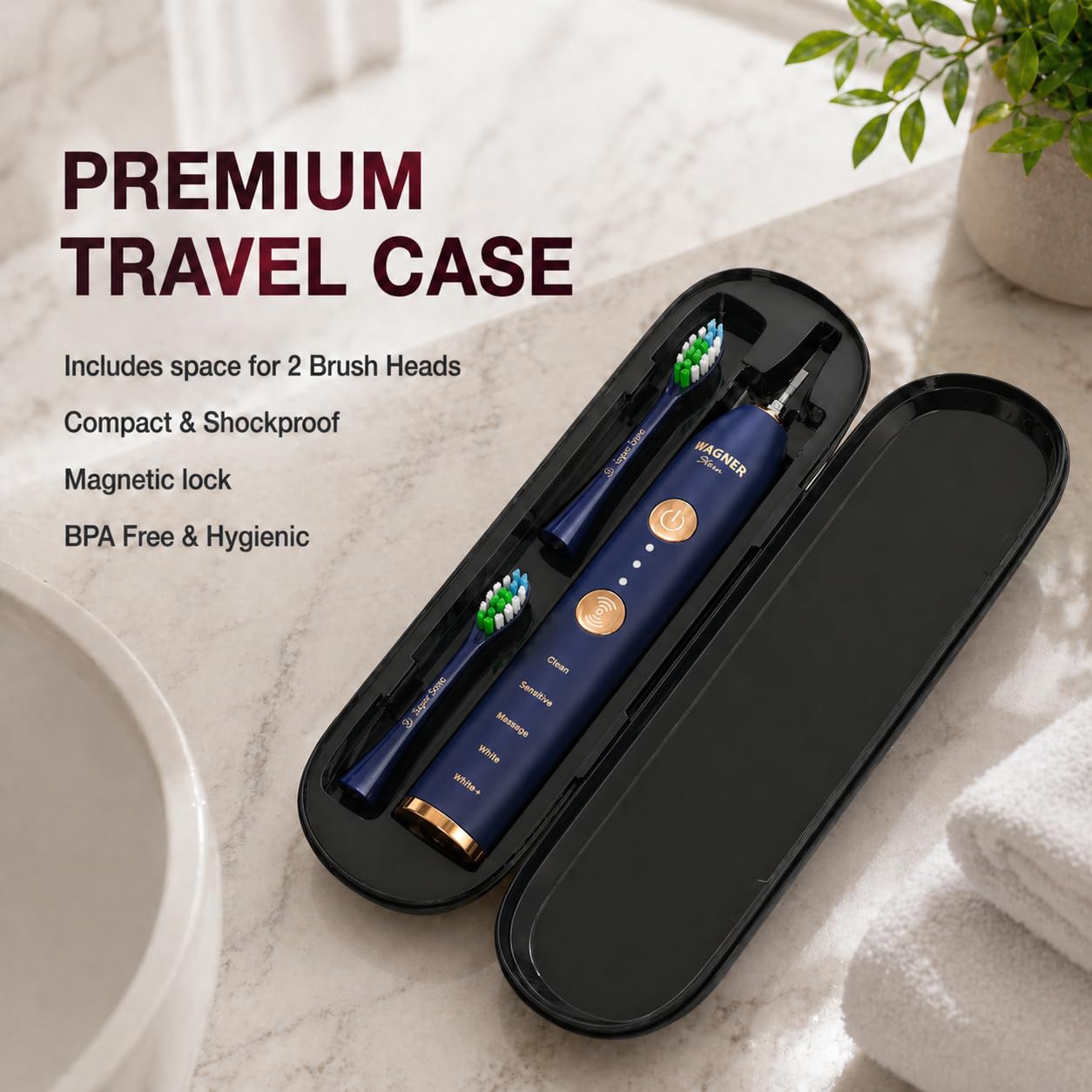Wagner & Stern WHITEN+ Cepillo Eléctrico Inteligente con Sensor de Presión, 5 Modos, 3 Niveles de Intensidad, 8 Cerdas, Estuche de Viaje Premium. (Zafiro)