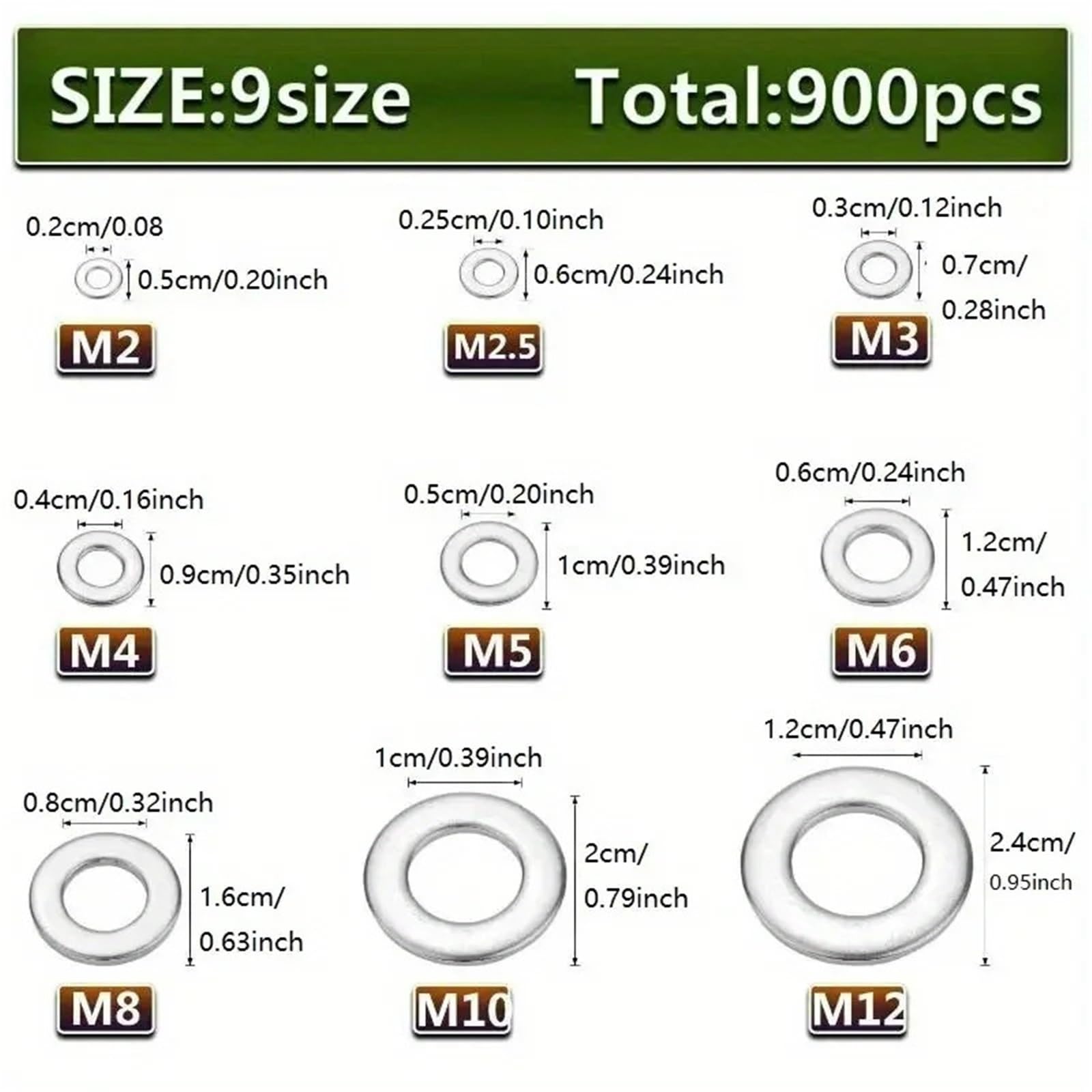Rondelles Metal Kit d'assortiment de rondelles simples en acier inoxydable, 900 pièces, M2-M12 for les projets de machines de bricolage, accessoires de quincaillerie de fixation à vis