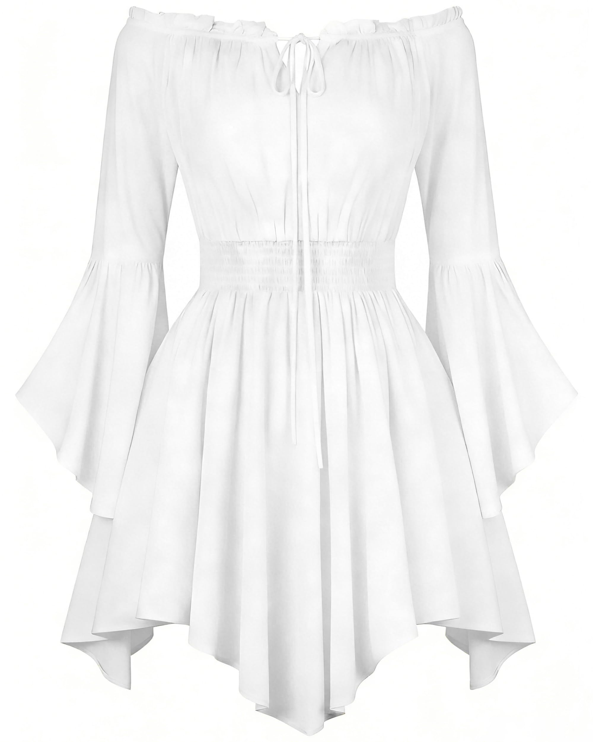 LUYANA Medieval Renaissance Dress Off Shoulder Asymmetric Hem Gothic Costume for Pirate Cosplay Halloween Party Dress White S