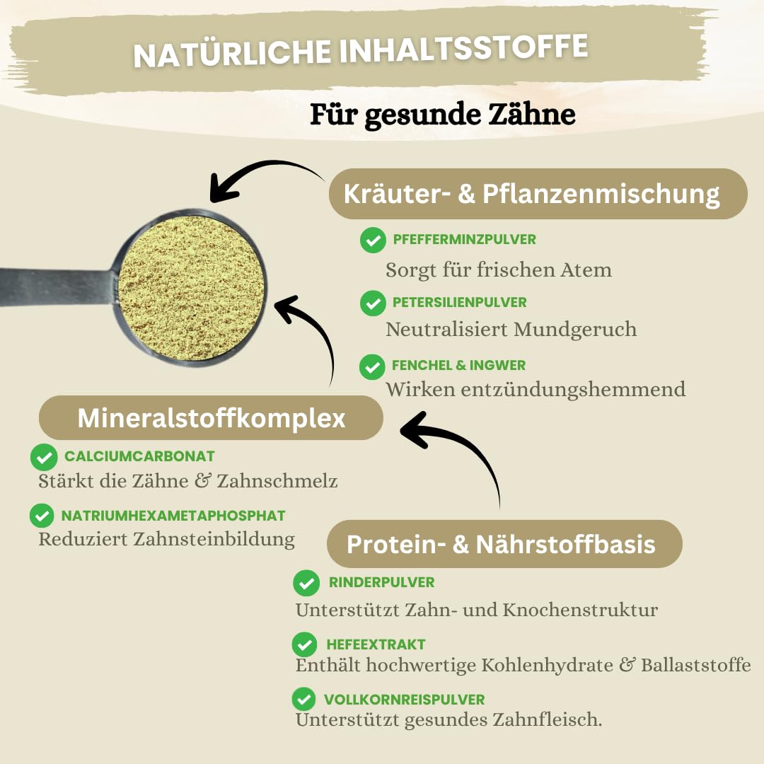 Zahnpflege Pulver für Hunde 300g - [Vorteilspack] - Zahnsteinentferner Hund - Zahnpflege gegen Mundgeruch & Zahnstein - Plaque Entfernung - Zahnpflege Hund - Futter Topping - Dental Pulver für Hunde