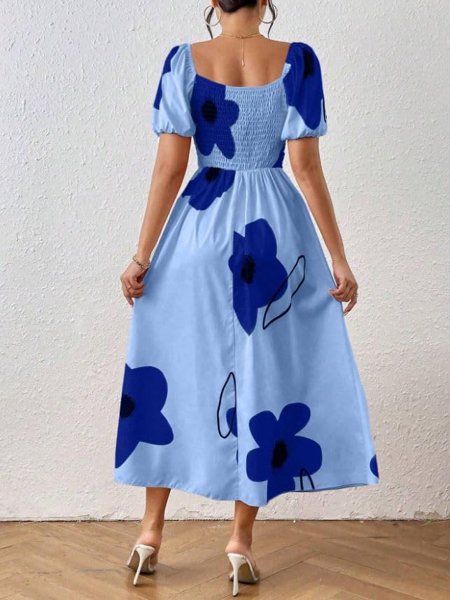 Image of GRECIILOOKS Summer Dress for Woman | Boho Square Neck Long Dress | Women's Puff Sleeve Floral Printed A Line Maxi | Elegant Tie Front Slit Outfit | Comfortable Beach, Vacation, Party & Holiday Outfit