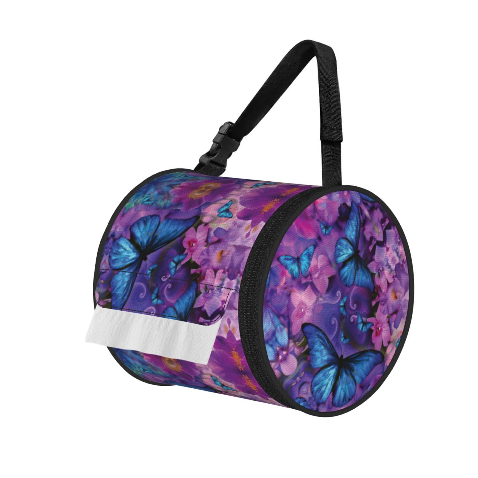 Butterfly Print Cylinder Tissue Organizer Bag With Strap, Portable Toilet Roll Holder For Camping Car