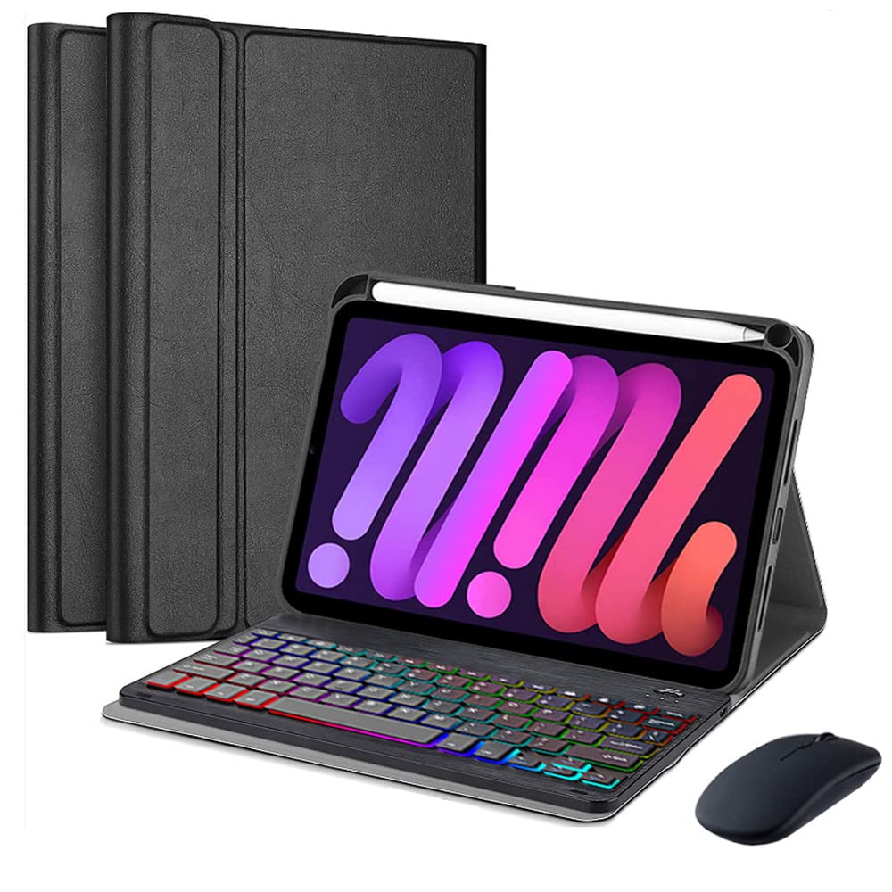 Étui clavier et souris pour iPad Mini 6 2021, coque arrière en TPU souple avec porte-crayon et clavier sans fil détachable 7 couleurs pour iPad Mini 6ème génération 2021, noir