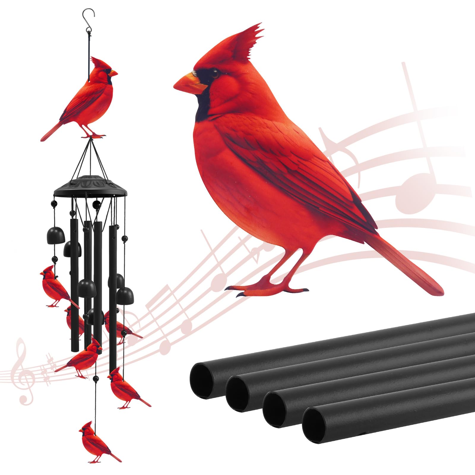 Cardinal Wind Chimes for Outside, Black Metal Windchimes Outdoors, Cardinals Gifts for Women/Men, Garden/Yard Decor, Memorial/Birthday Gifts for