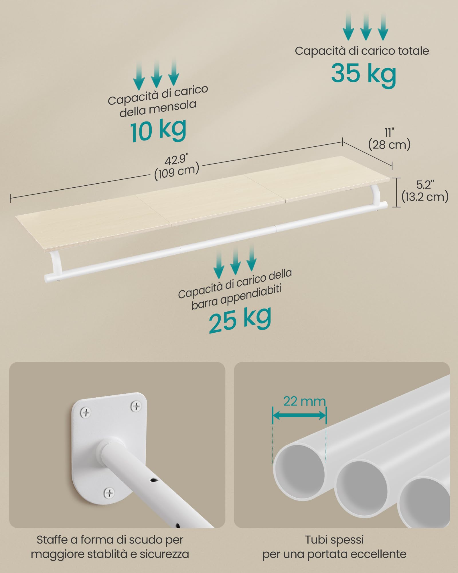 SONGMICS Appendiabiti da Parete, Barra Appendiabiti con Mensola da Muro, Portata Totale 35 kg, 28 x 109 x 13,2 cm, Camera da Letto Cabina Armadio, Beige Naturale e Bianco Nuvola HSR135W01