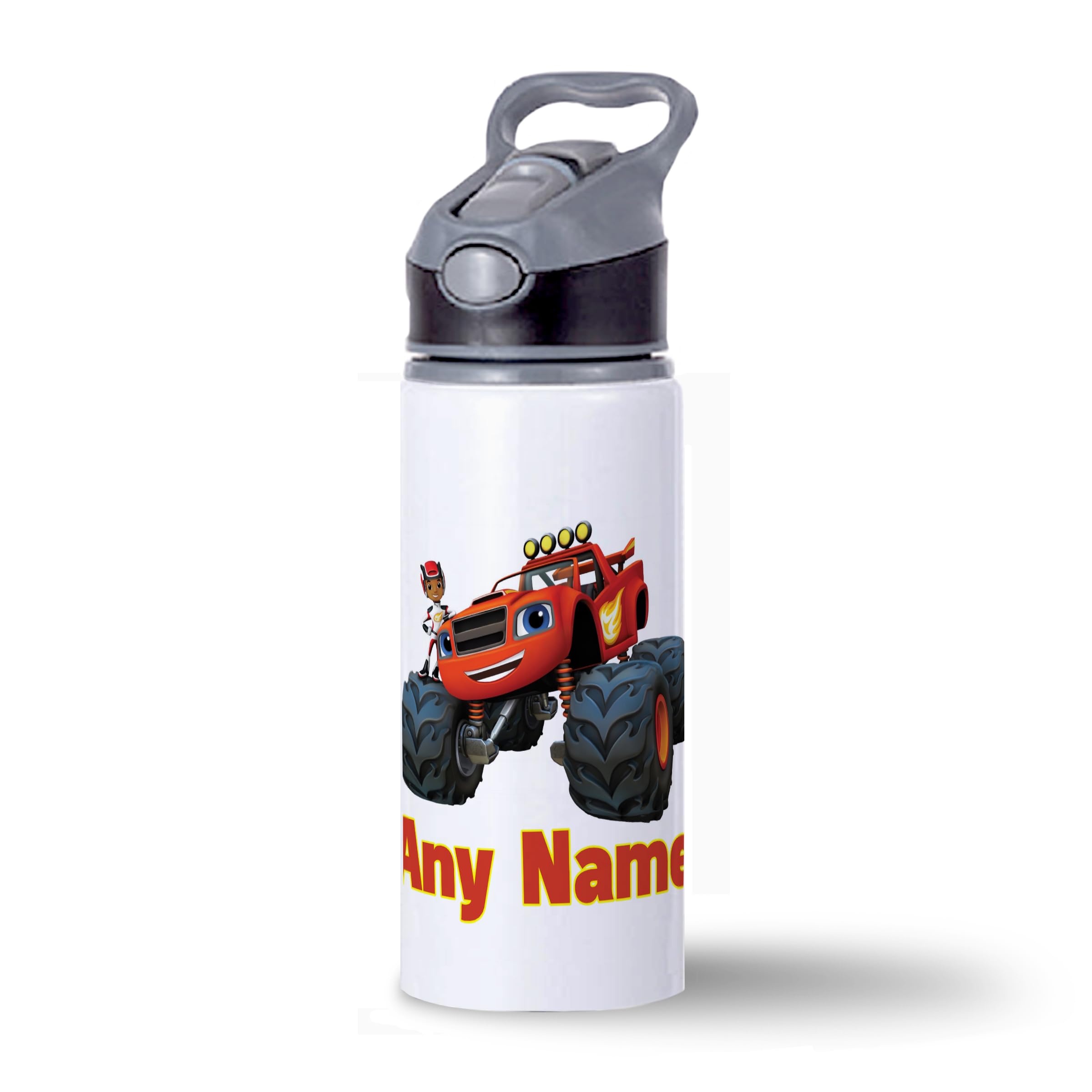 Shires Art Printing Personalised - Blaze Monster Machines - 600ml Aluminium Water Bottle, with straw. (White)