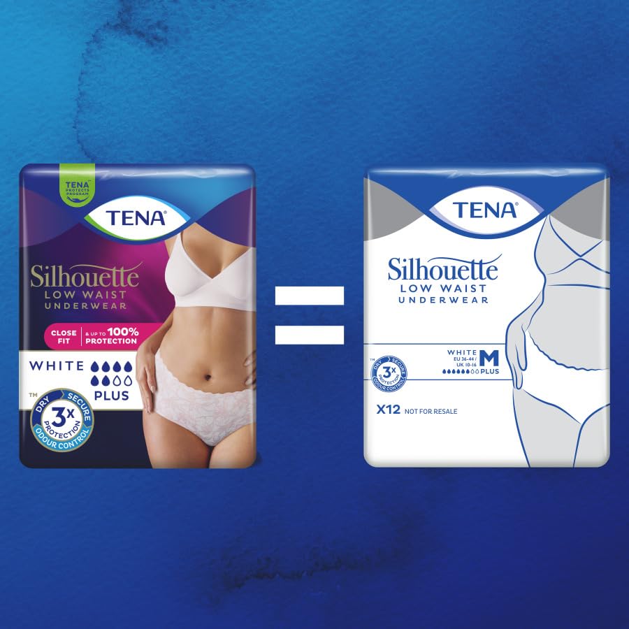 TENA Silhouette - Mutandine a vita bassa, assorbenti, per perdite urinarie, elasticizzate, monouso, per donna, Medium (M), 3 confezioni x 12 pezzi