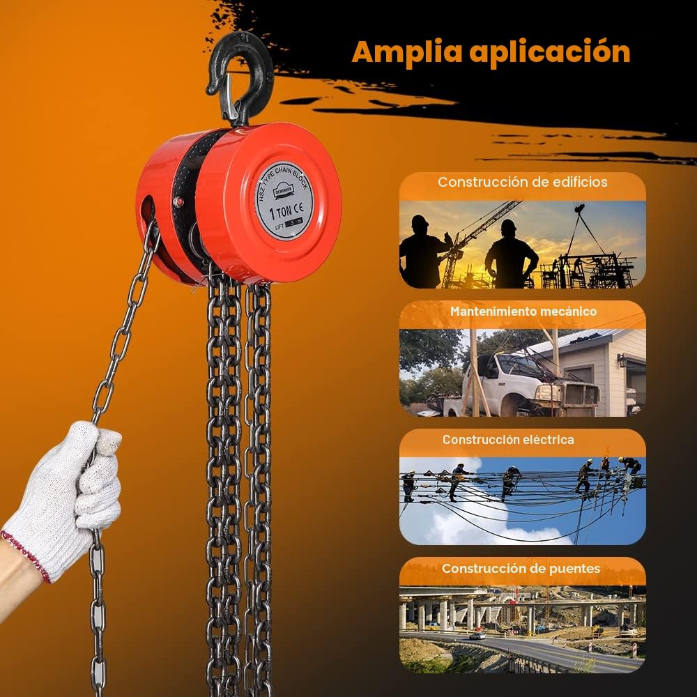 Polipasto Manual de Cadena DEWINNER Con Gancho Resistente, Polipasto Con Cadena de 1000kg, 3,0 m de Elevación Máxima, Rojo