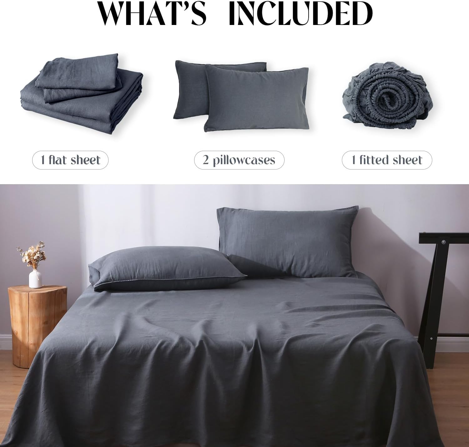S VICTORY SYMBOL 100% Organic Linen Sheets Set Queen Size,Natural French Flax Bedding Set with Stone Washed,Ultra Soft 4 Pieces Bed Sheets(Silver Grey)