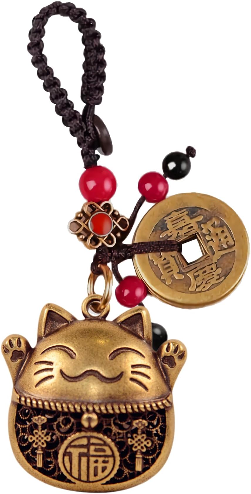 Lucky Cat Charms,Maneki Neko Brass Cat Keychain With Feng Shui Coins,Buddha Statue Kitty Good Luck Charms