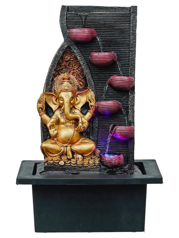 Image of Golden Brown Polyresin Tabletop Ganesha 6 Step Indoor Water Fountain for Home Decor with LED, Speed Control Pump (Size: 37 x 28 x 58 CM | Weight: 3000Gram)