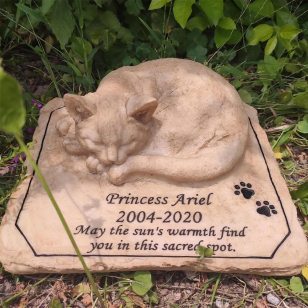Cat Memorial Stone - Cat Garden Stone - Cat Grave Marker - Pet Sympathy Gift, Headstones for Cats,Cat Statues for Garden Decor, Sleeping Cat Stepping Stone