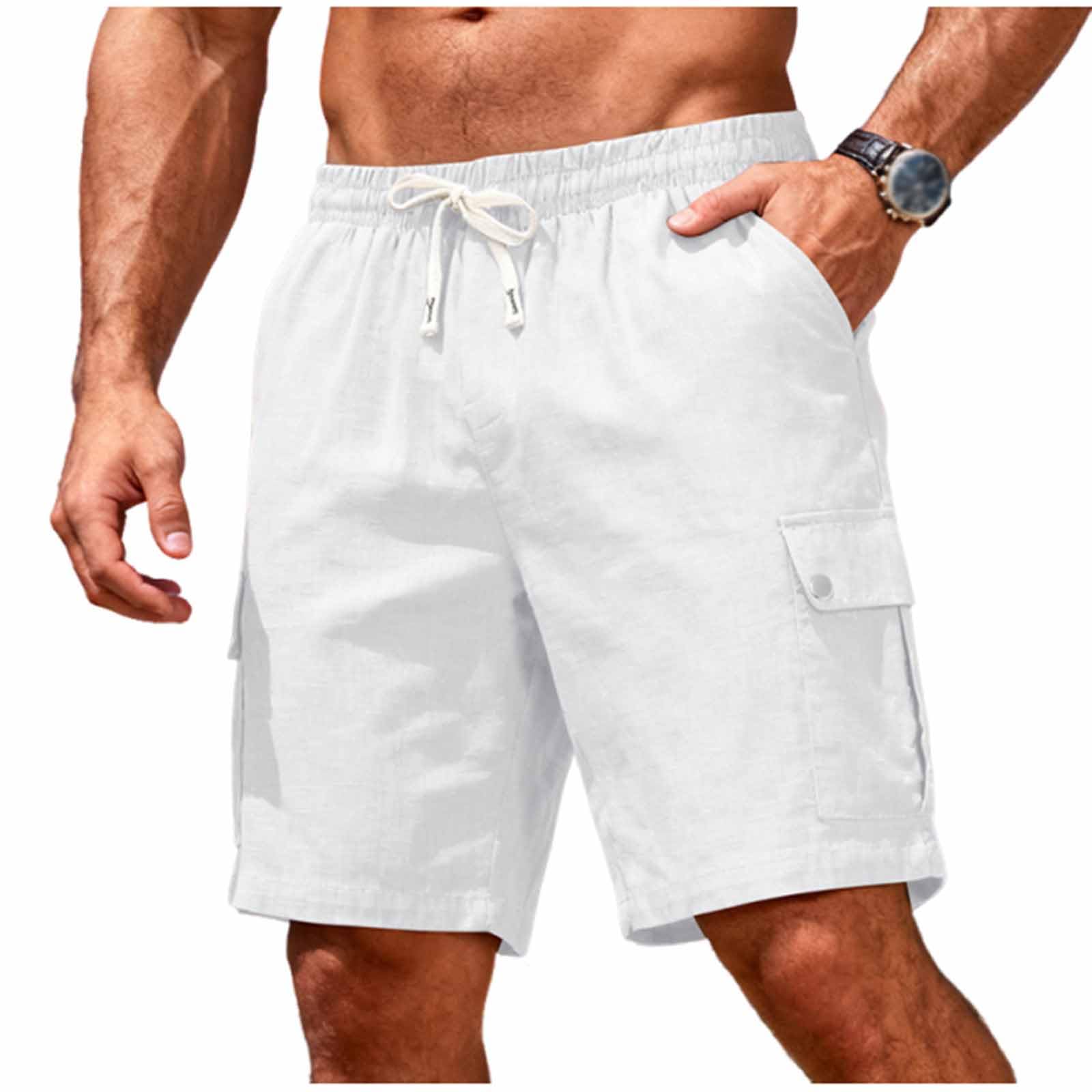 Kurze Hosen Herren Kurz Leinenhose Sommer Casual Shorts Arbeitshose Atmungsaktiv Outdoorshorts Herrenshorts mit Kordelzug Männer Freizeitshorts Baggy Bermuda Kurz Hose Weiß L