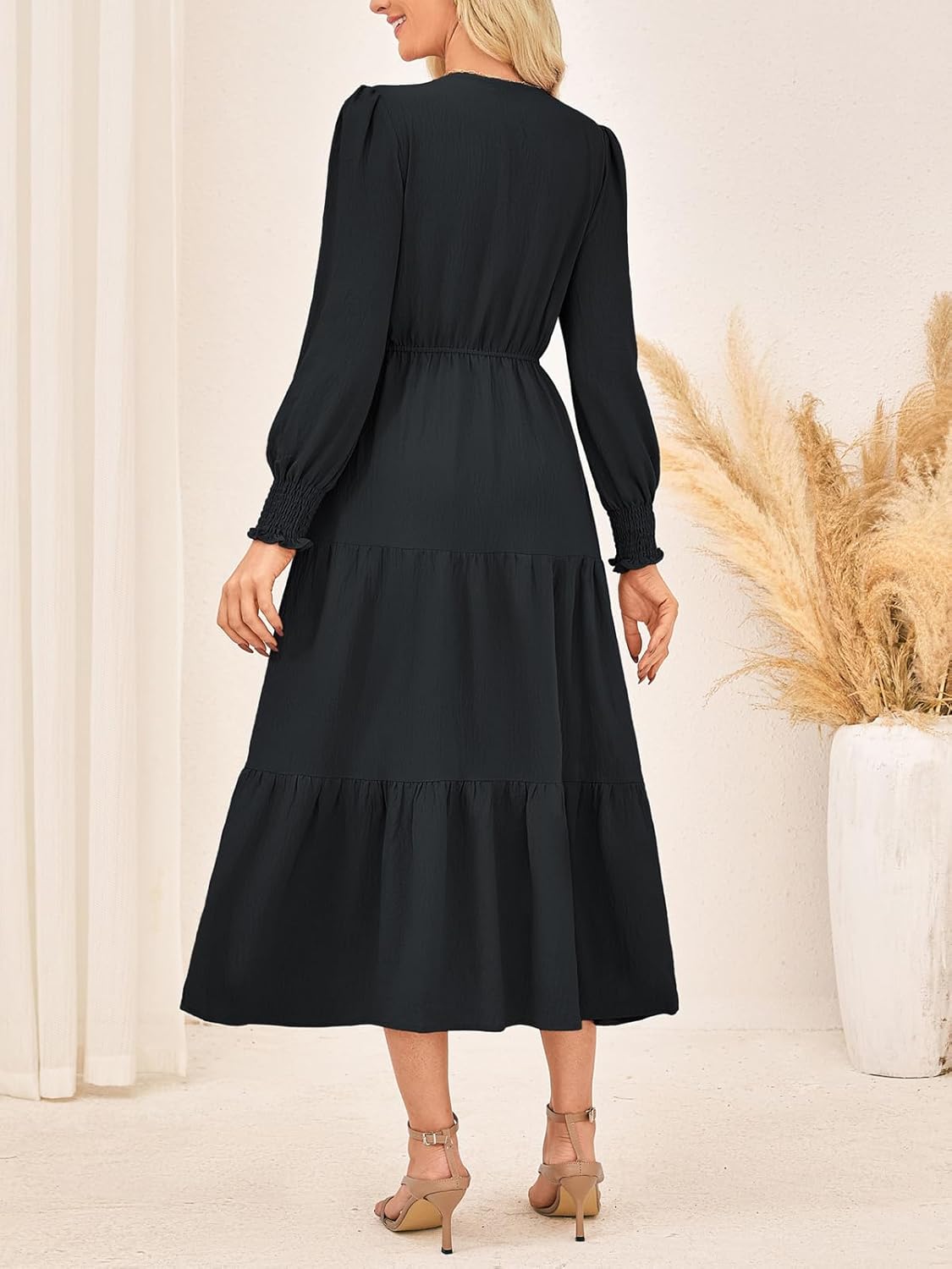 Kate Kasin Womens Long Sleeve Mixi Dress, Smocked Work Dress with Pockets, Elegant Fall Dresses 2025