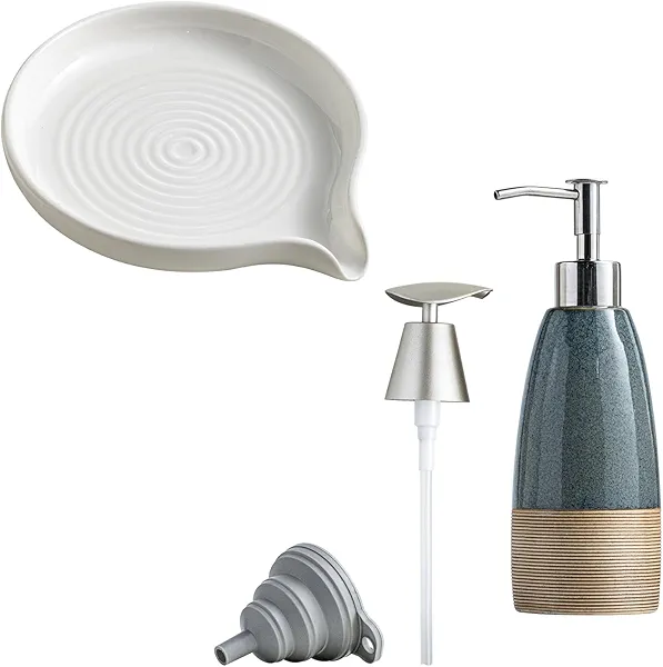 Self Draining Soap Dish, Ceramic Drain Soap Holder & 12 oz Dish Soap Dispenser