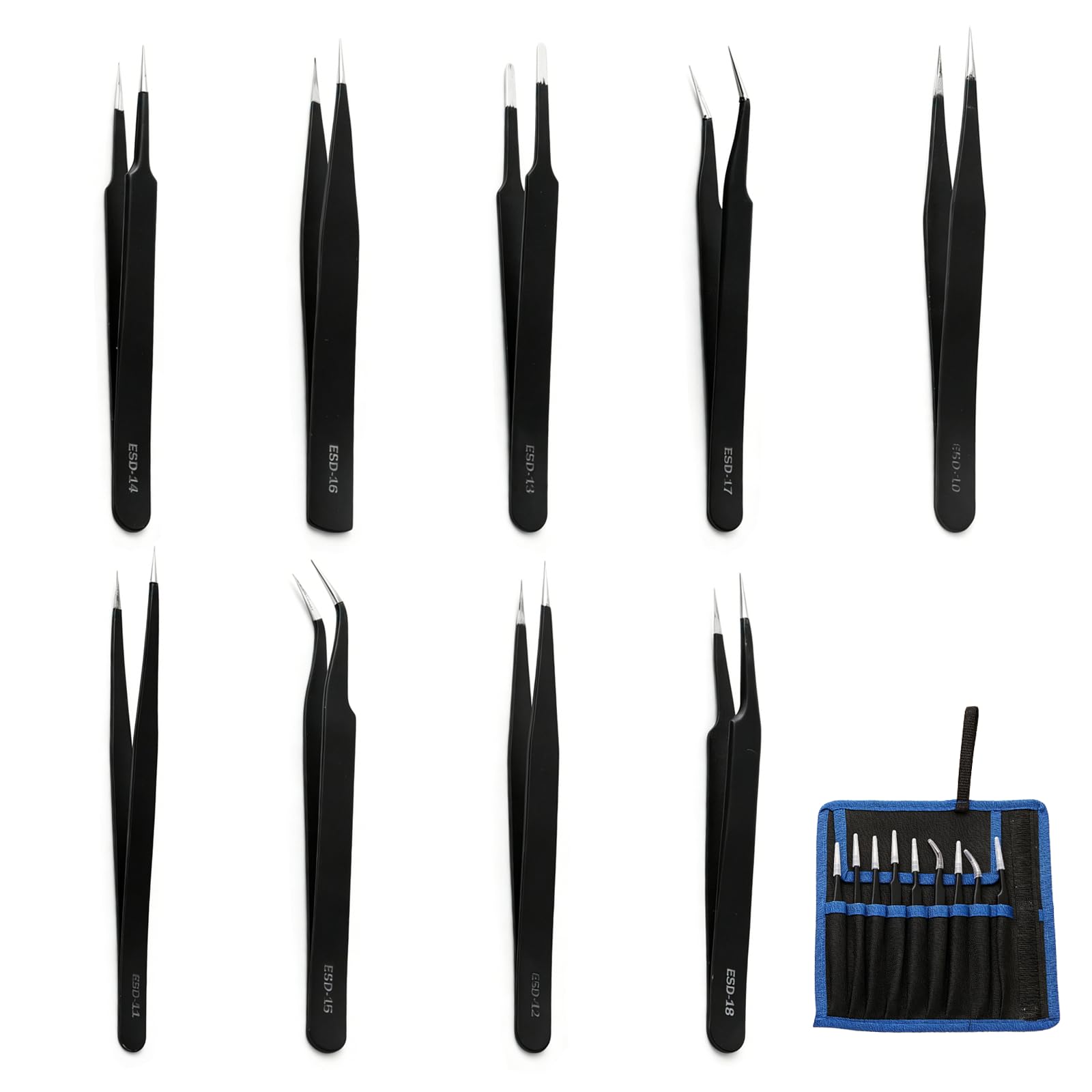 9pcs Precision Tweezers + 1pcs Storage Canvas Bag, Stainless Steel Thin Pointed Tweezers for Crafting, Splinter Removal, Blackhead, Anti-Corrosion Rust-Proof, Professional & Home Us