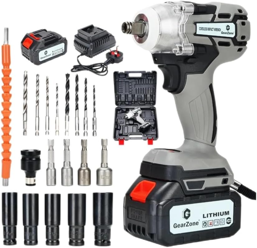 GearZone Upgrade High Power Brushless Cordless Impact Wrench with 2pcs Batteries, Adjustable Torque with Accessories and Tool Box