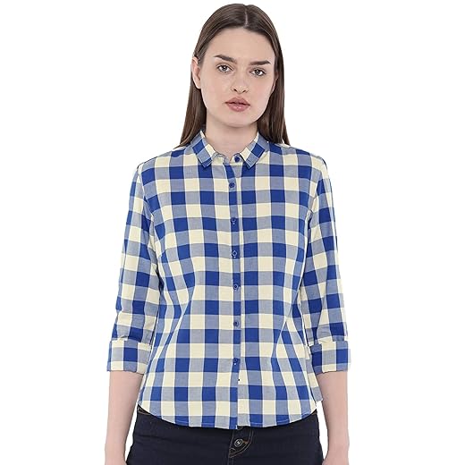 Vastraa Fusion Women's Cotton Checkered Shirt (TS0933A-M_Light Blue-White_M)