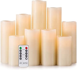 RY King Battery Operated Flameless Candles 4" 5" 6" 7" 8" 9" Set of 9 Real Wax Pillar LED Flickering Candles with Remote Control and Timer