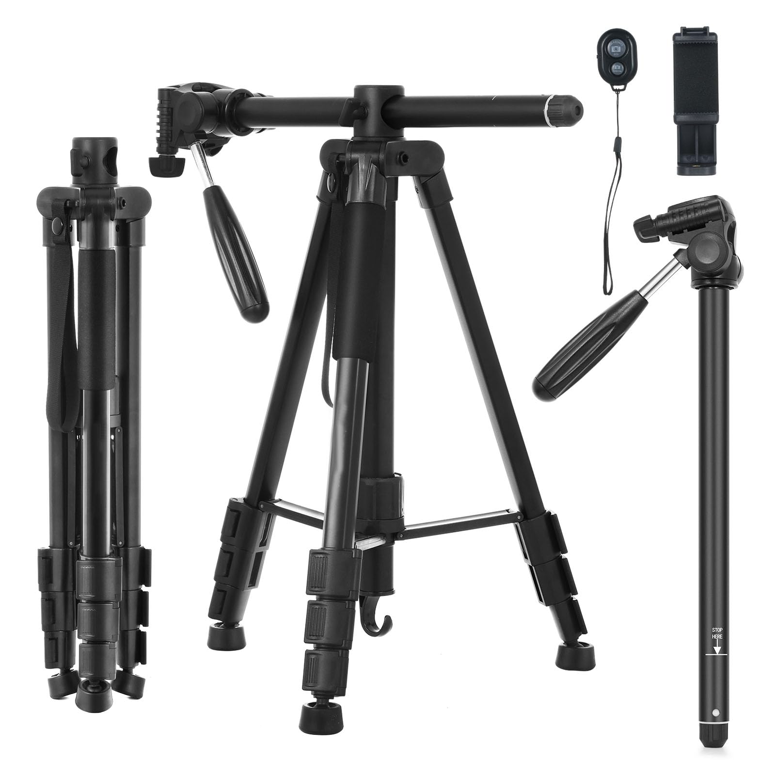 66 Inch/168cm Camera Tripod, 5KG Aluminum Extendable Camera Tripod Stand with Hook 4 Section Telescoping Legs, Lightweight DSLR Tripod Camera Stand for Filming or Taking Photos
