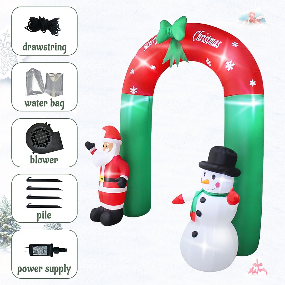 240 cm Arche Gonflable de Noël, Arche Gonflable Noël avec Père Noël et Bonhomme de Neige Gonflable Décoration, Intérieure Extérieure Noël pour Maison Vacances Cour Pelouse Jardin Fêtes