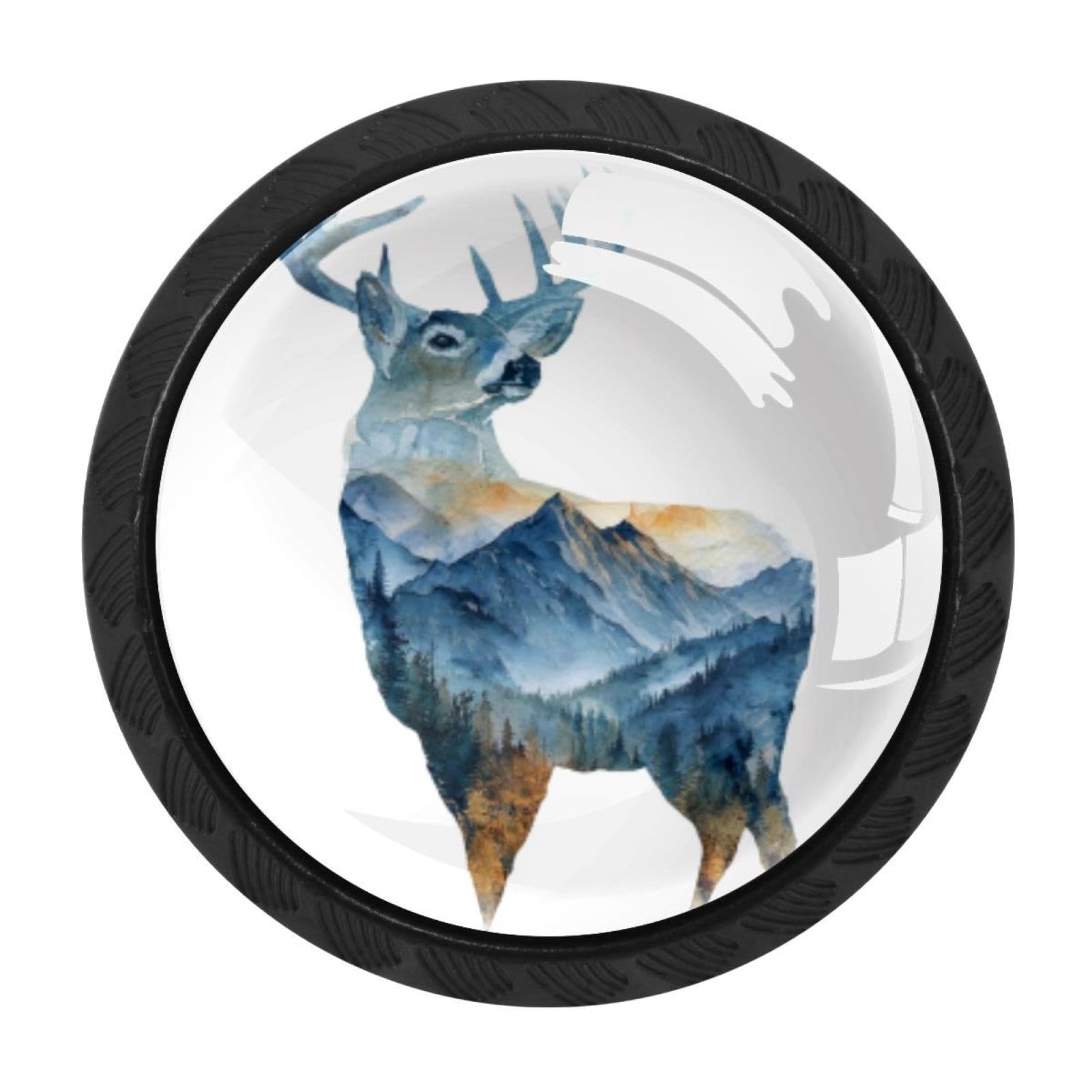 CHENZZZZ 4 Pieces Watercolor Mountain Deer (6) Drawer Knobs, 35mm Black Cabinet Knobs, Drawer Pulls and Knobs, Dresser Drawer Knobs, Cabinet Hardware Kitchen Cabinet Knobs