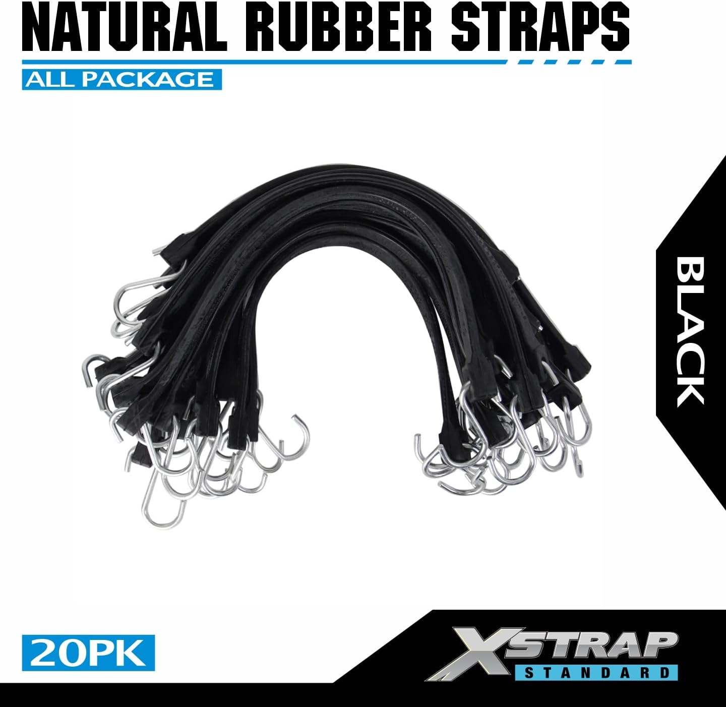 XSTRAP STANDARD 20 Pack 15'' Adjustable Rubber Tarp Straps, EPDM Bungee Cords with Metal S Hooks Tie Down Straps for Outdoor, Tarp Covers, Canvas Canopies, Motorcycle, and Cargo