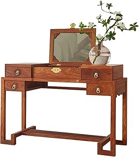 Set da Toeletta - Tavolo da Trucco - Scrivania Trucco con Specchio Quadrato, 4 Grandi Cassetti Scorrevoli, Sgabello con Cuscino, Toletta Classica Camera da Letto in Legno Massello per Donne Regalo