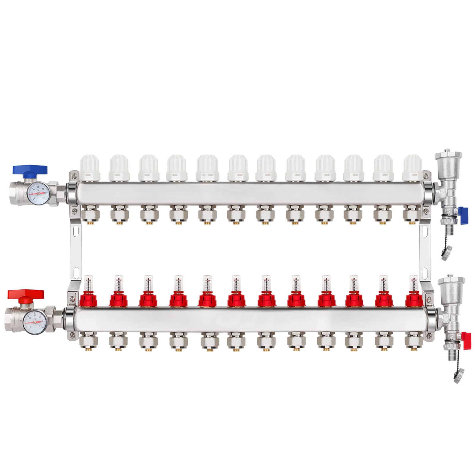 YUFUYEK 12-Branch PEX/Radiant Heat Manifold，1/2" PEX Tubing Manifold,304 Stainless Steel Floor Heat Manifold Kit with 1/2" Adapters Included for